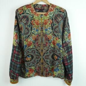 Jerri Sherman 100% Silk Blouse Size 12 80s Maximalist Glam Luxury Plaid Floral